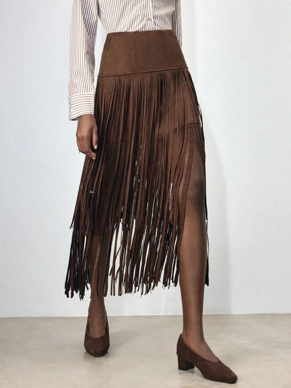 Brown Casual Women's Mid-Waist Fringe Tassel A-Line Skirt